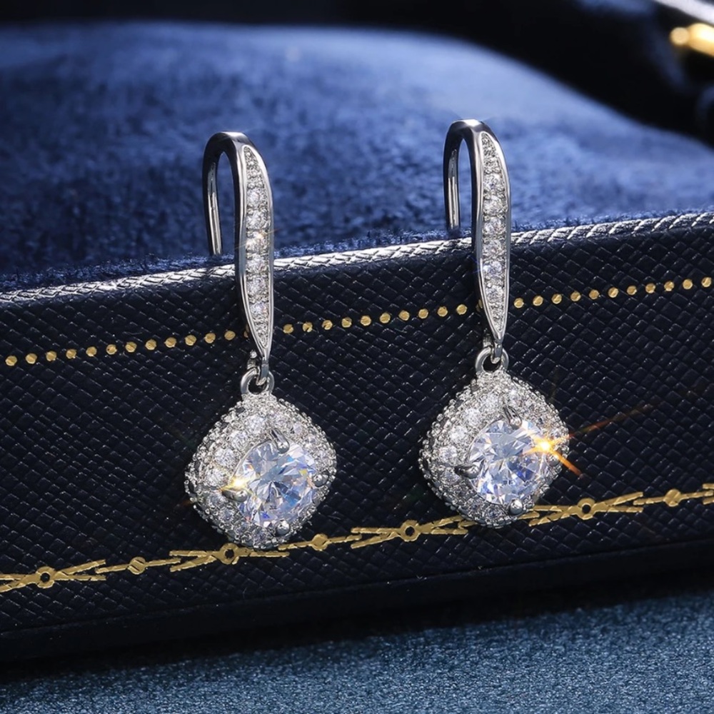 925 Silver Cushion Cut Dangling Diamond Earrings